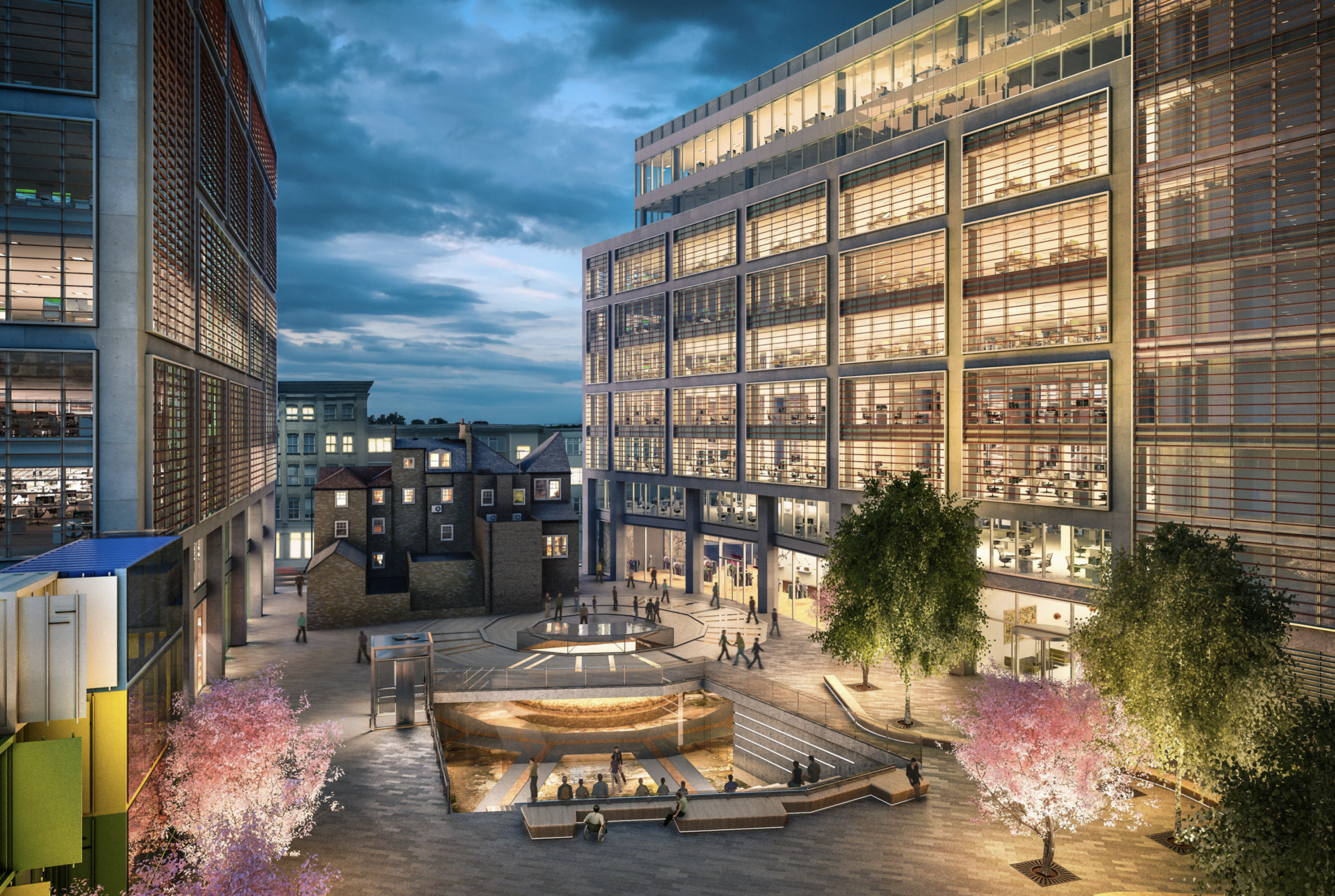 Rendering showing The Stage exterior at night